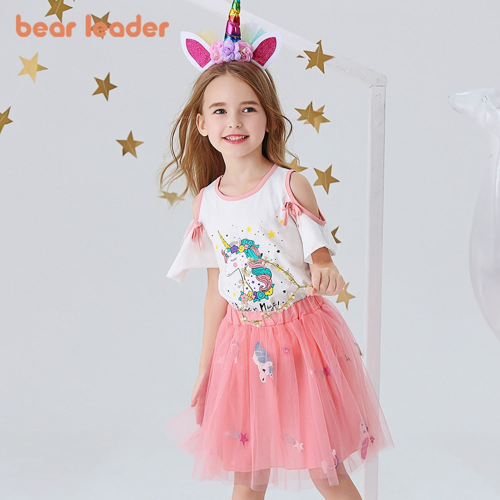 Bear Leader Girls Clothing Sets New Summer Fashion Style Cartoon Rabbit  Printed T-Shirts+Pink Dress 2Pcs Girls Clothes Sets